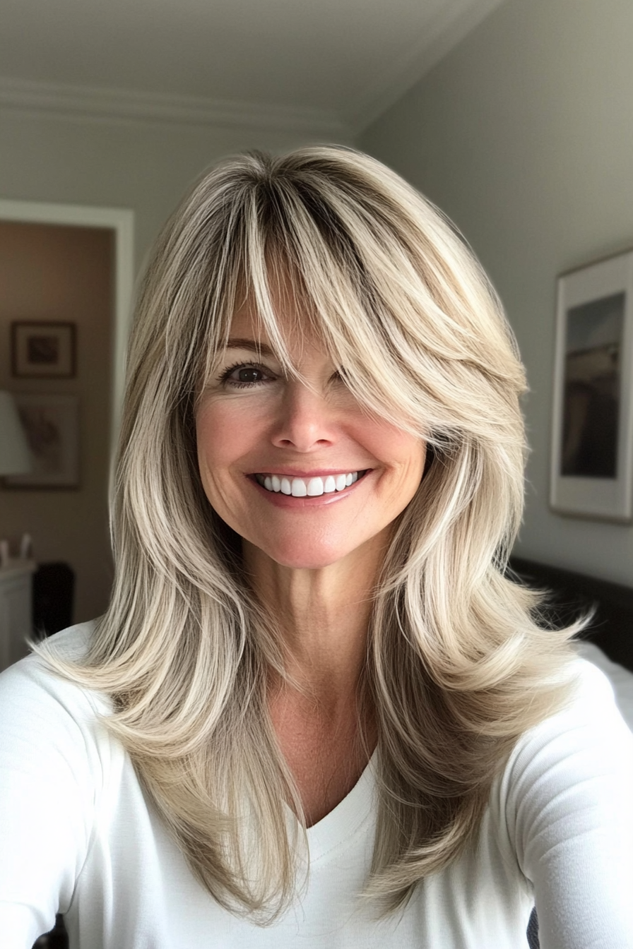 24. Soft Shoulder-Length Cut with Champagne Blonde Layers (Hairstyles For Women Over 50 With Bangs) - Hairstyles For Women Over 50 With Bangs