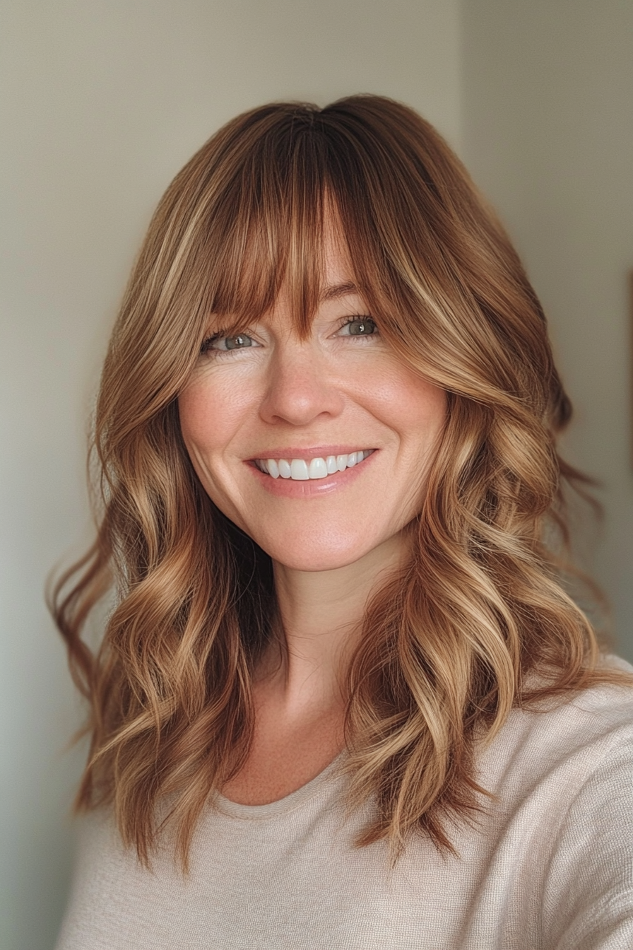 25. Mid-Length Waves with Side Bangs in Caramel Mocha (Hairstyles For Women Over 50 With Bangs) - Hairstyles For Women Over 50 With Bangs