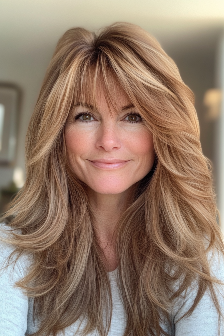 26. Long Feathered Layers with Chestnut Undertones (Hairstyles For Women Over 50 With Bangs) - Hairstyles For Women Over 50 With Bangs