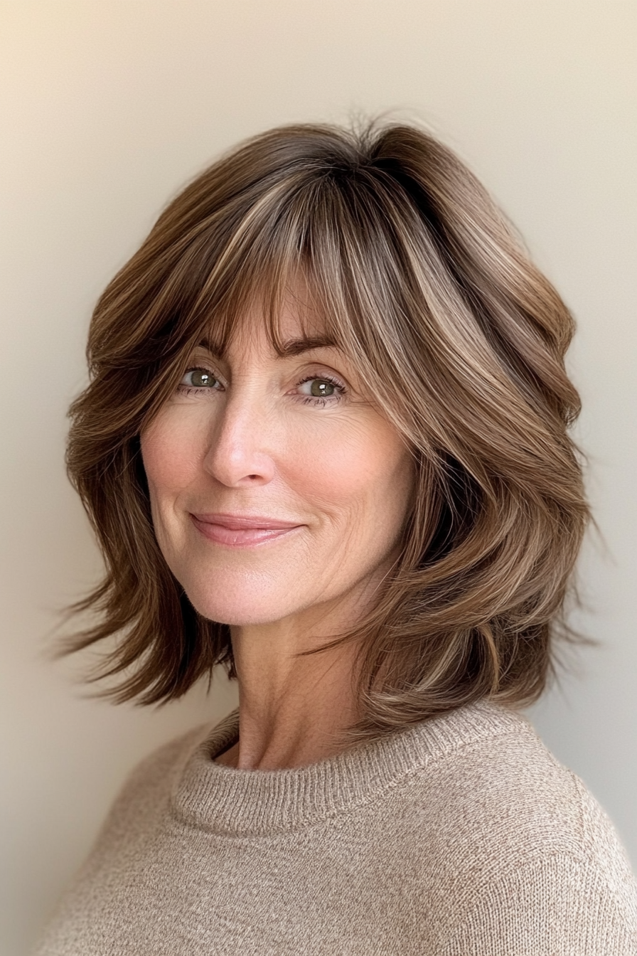 27. Angled Bob with Swooping Bangs in Sandy Brown (Hairstyles For Women Over 50 With Bangs) - Hairstyles For Women Over 50 With Bangs