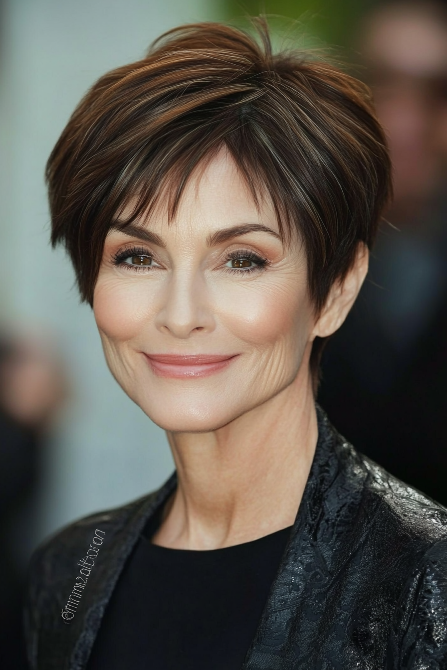 23. Feminine Pixie in Cocoa Brown (Pixie Hairstyles For Older Women) - Pixie Hairstyles For Older Women