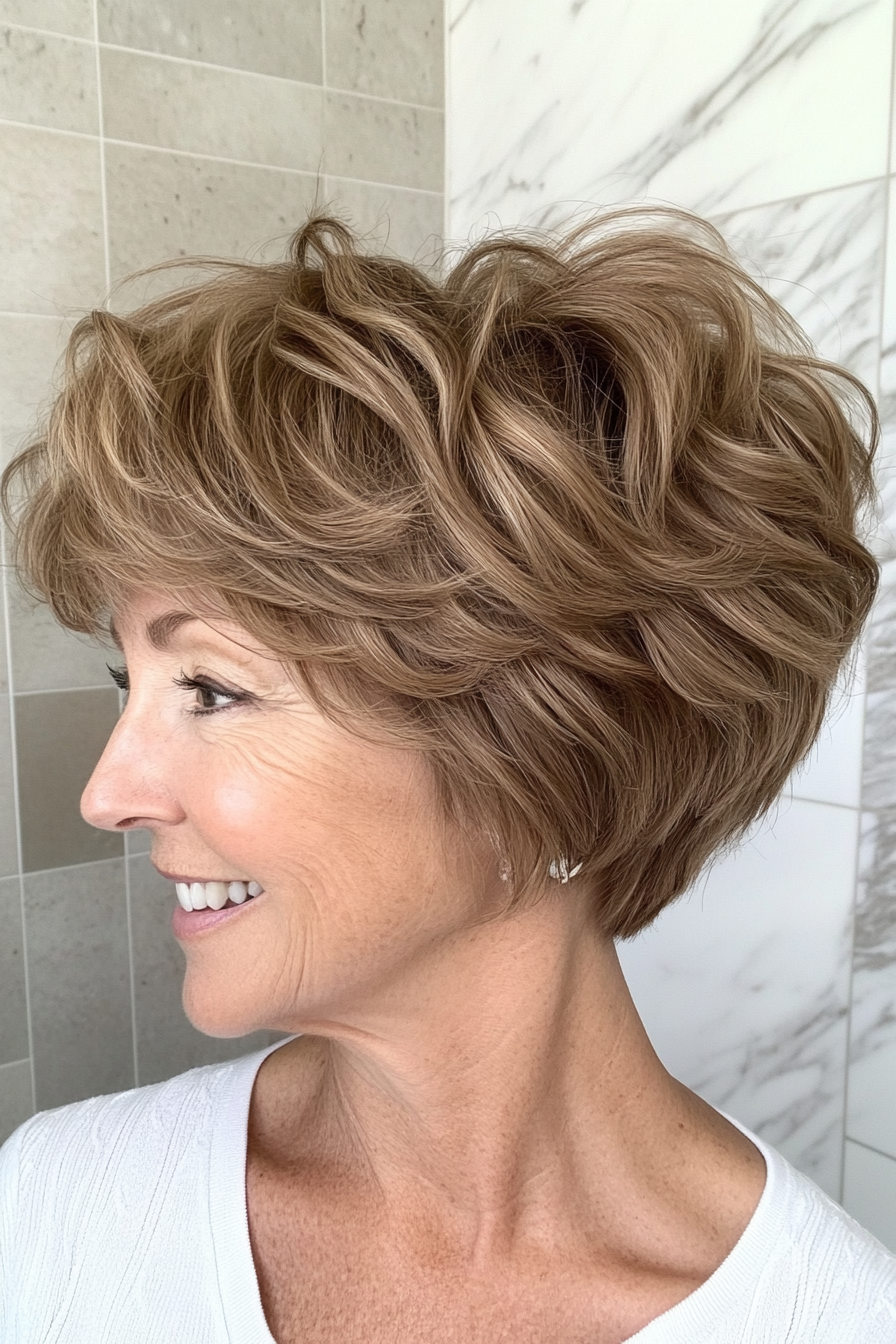 24. Wavy Layered Pixie in Light Brown (Pixie Hairstyles For Older Women) - Pixie Hairstyles For Older Women