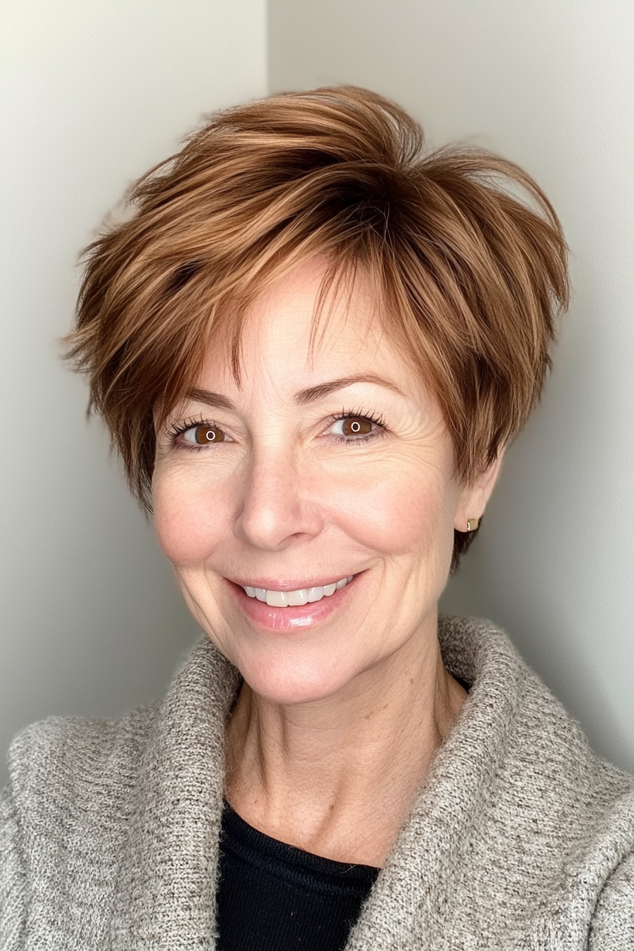 27. Edgy Layered Pixie in Warm Hazelnut (Pixie Hairstyles For Older Women) - Pixie Hairstyles For Older Women
