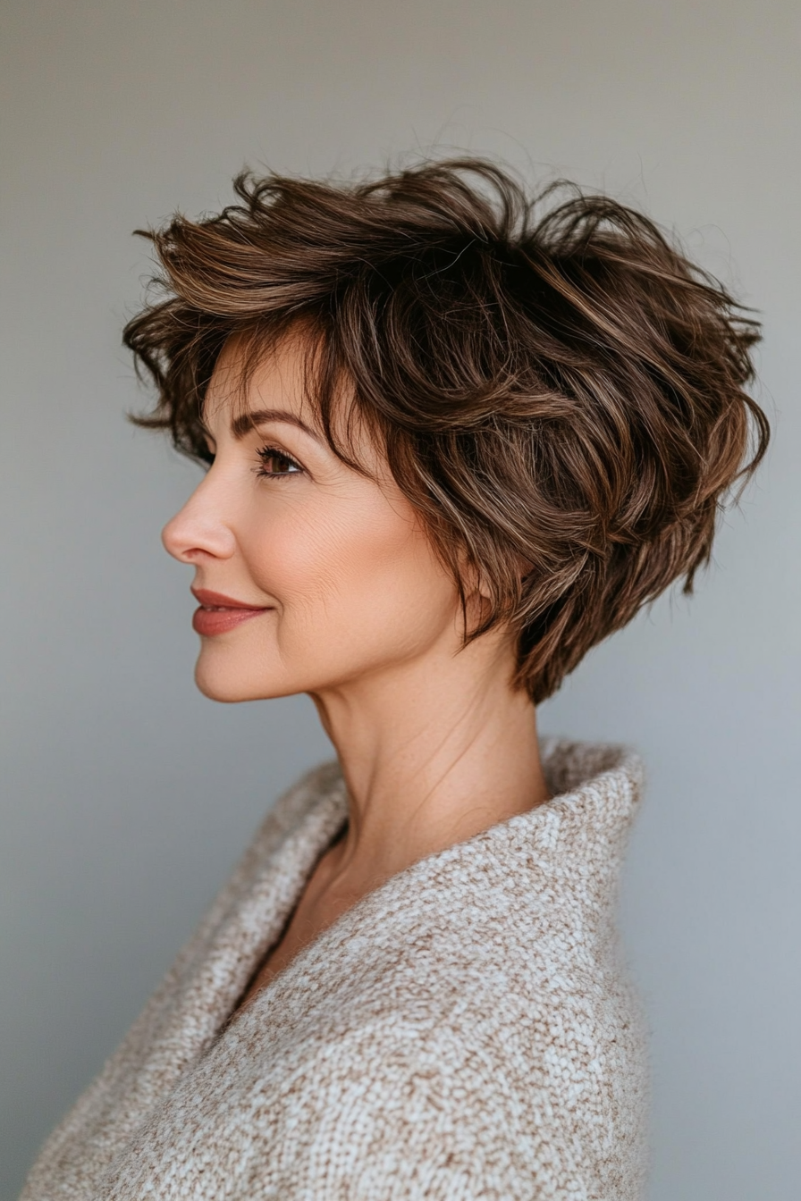 2. Feathered Pixie in Chestnut Brown (Pixie Hairstyles For Older Women) - Pixie Hairstyles For Older Women