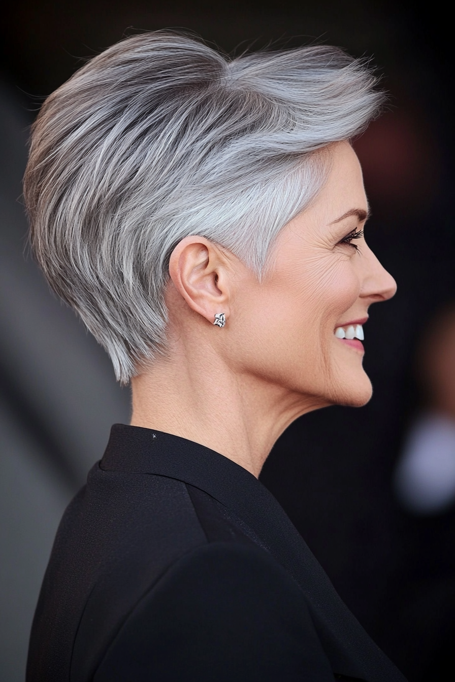3. Tapered Pixie with Silver Highlights (Pixie Hairstyles For Older Women) - Pixie Hairstyles For Older Women