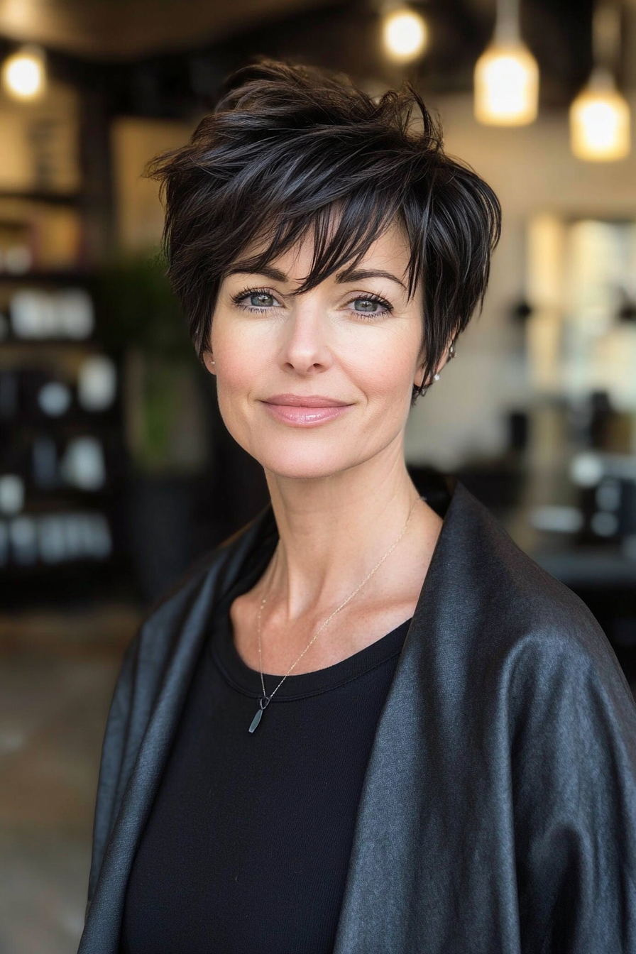 7. Classic Short Pixie in Soft Black (Pixie Hairstyles For Older Women) - Pixie Hairstyles For Older Women