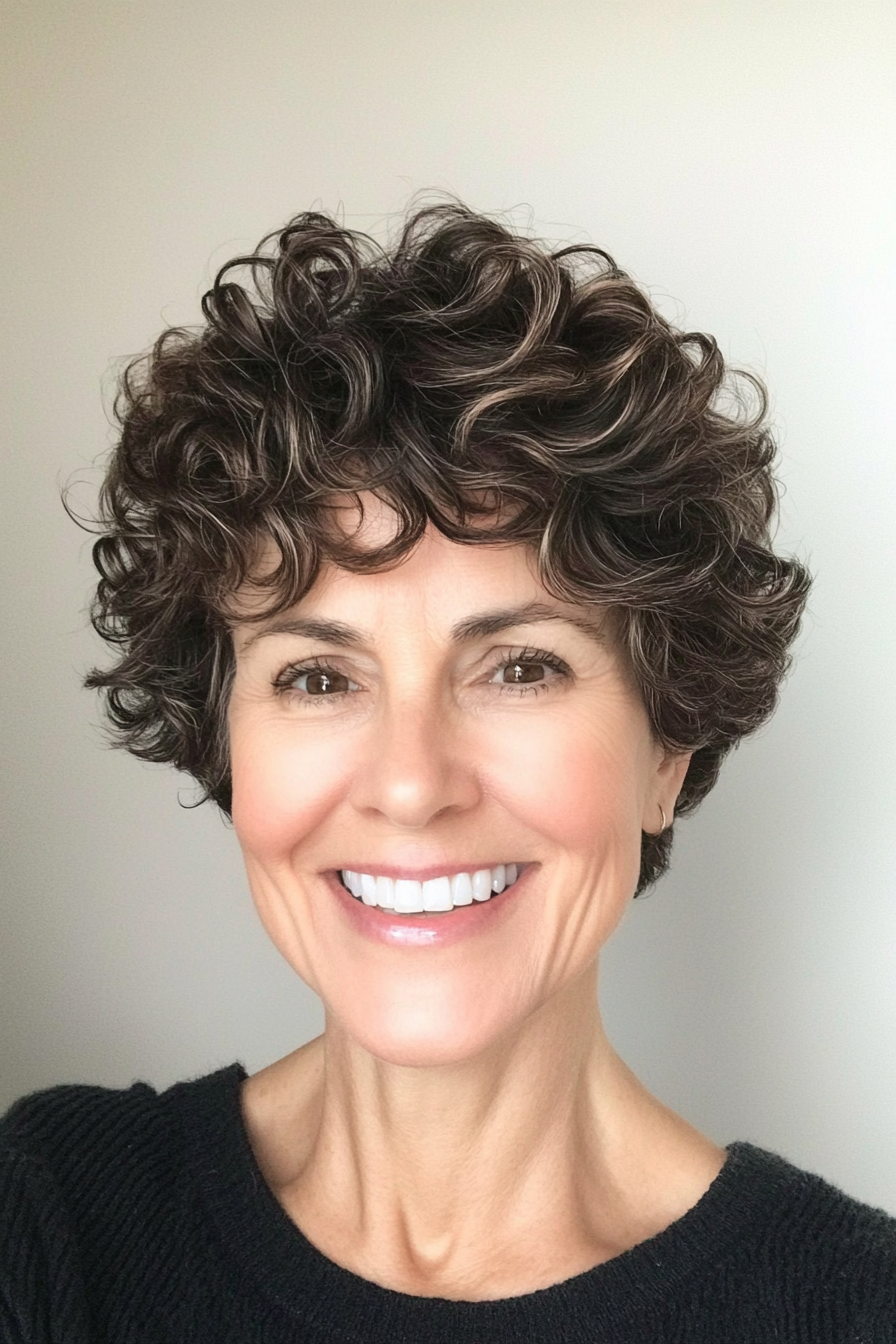 8. Curly Pixie in Dark Chocolate (Pixie Hairstyles For Older Women) - Pixie Hairstyles For Older Women