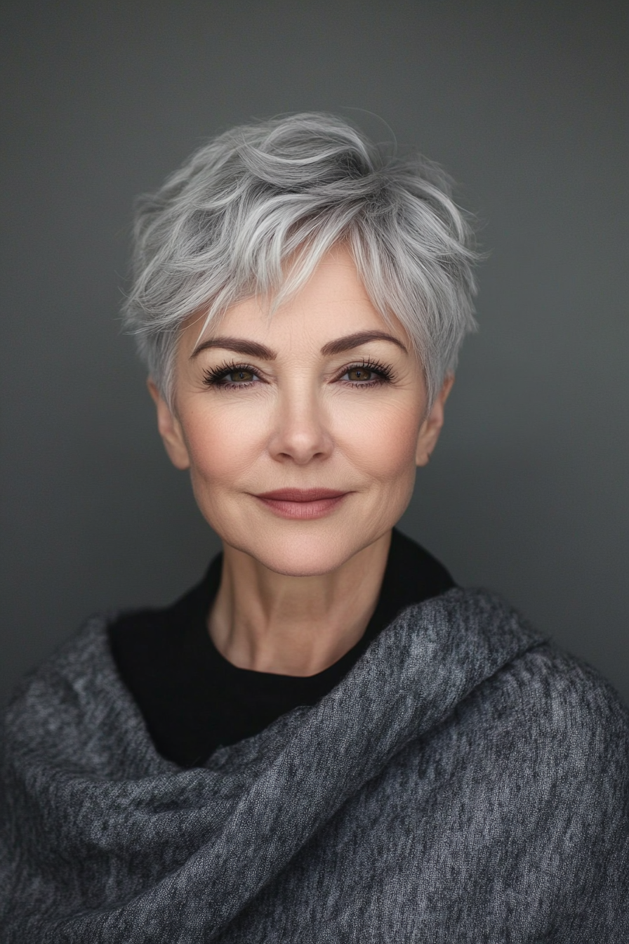 9. Elegant Side-Parted Pixie in Salt-and-Pepper (Pixie Hairstyles For Older Women) - Pixie Hairstyles For Older Women