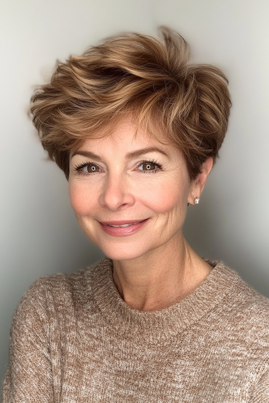 11. Tousled Pixie in Honey Brown (Pixie Hairstyles For Older Women) - Pixie Hairstyles For Older Women