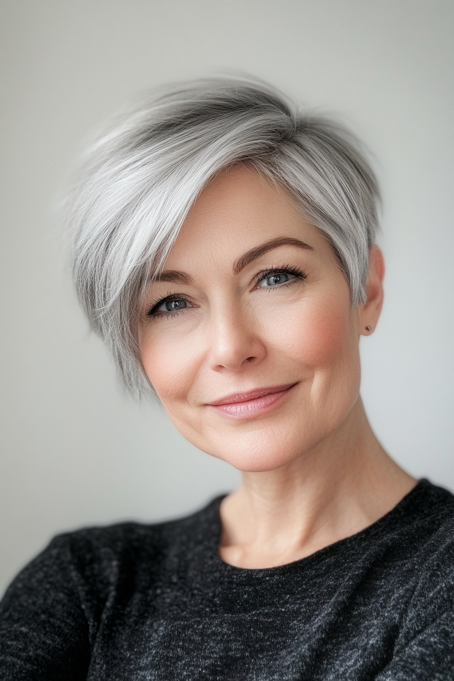 12. Angled Pixie in Soft Gray (Pixie Hairstyles For Older Women) - Pixie Hairstyles For Older Women
