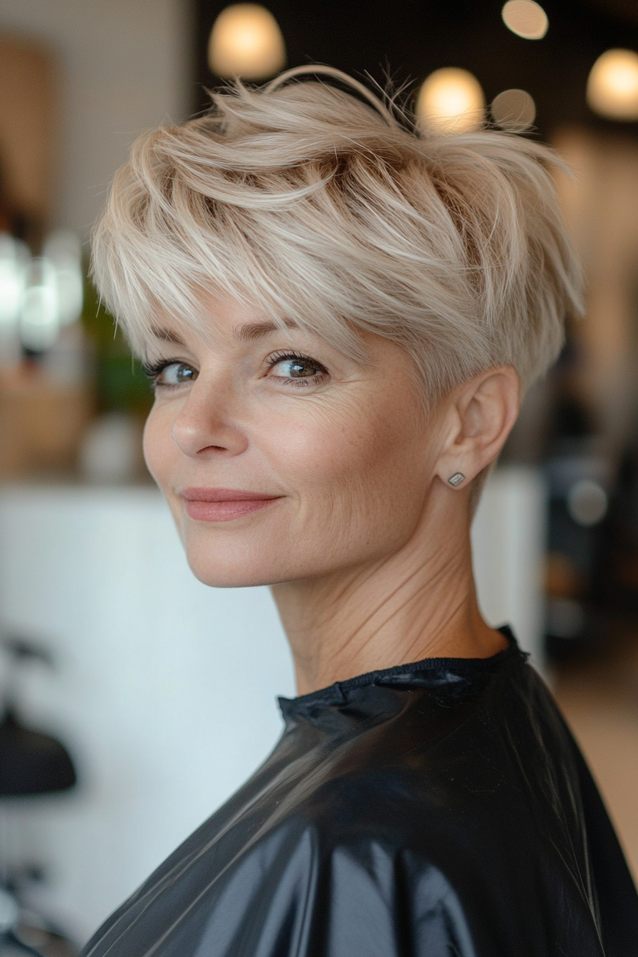 14. Swooping Bangs Pixie in Sandy Blonde (Pixie Hairstyles For Older Women) - Pixie Hairstyles For Older Women