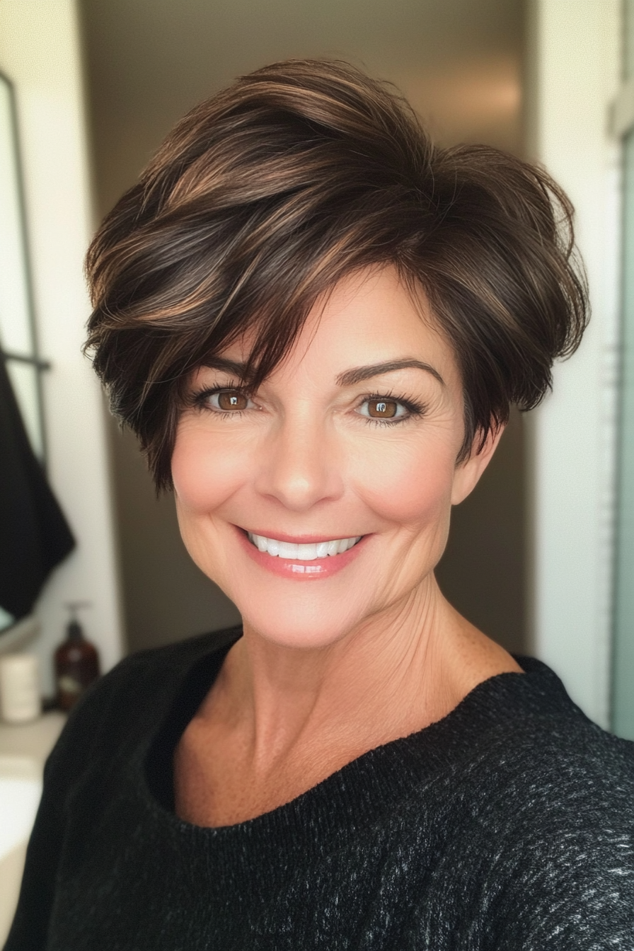 15. Layered Volume Pixie in Dark Mocha (Pixie Hairstyles For Older Women) - Pixie Hairstyles For Older Women