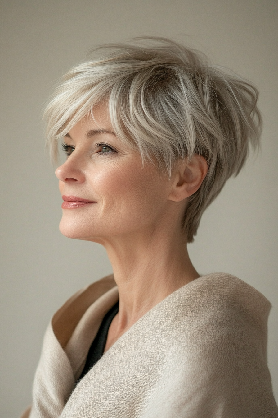 20. Side-Swept Pixie in Classic Blonde (Pixie Hairstyles For Older Women) - Pixie Hairstyles For Older Women