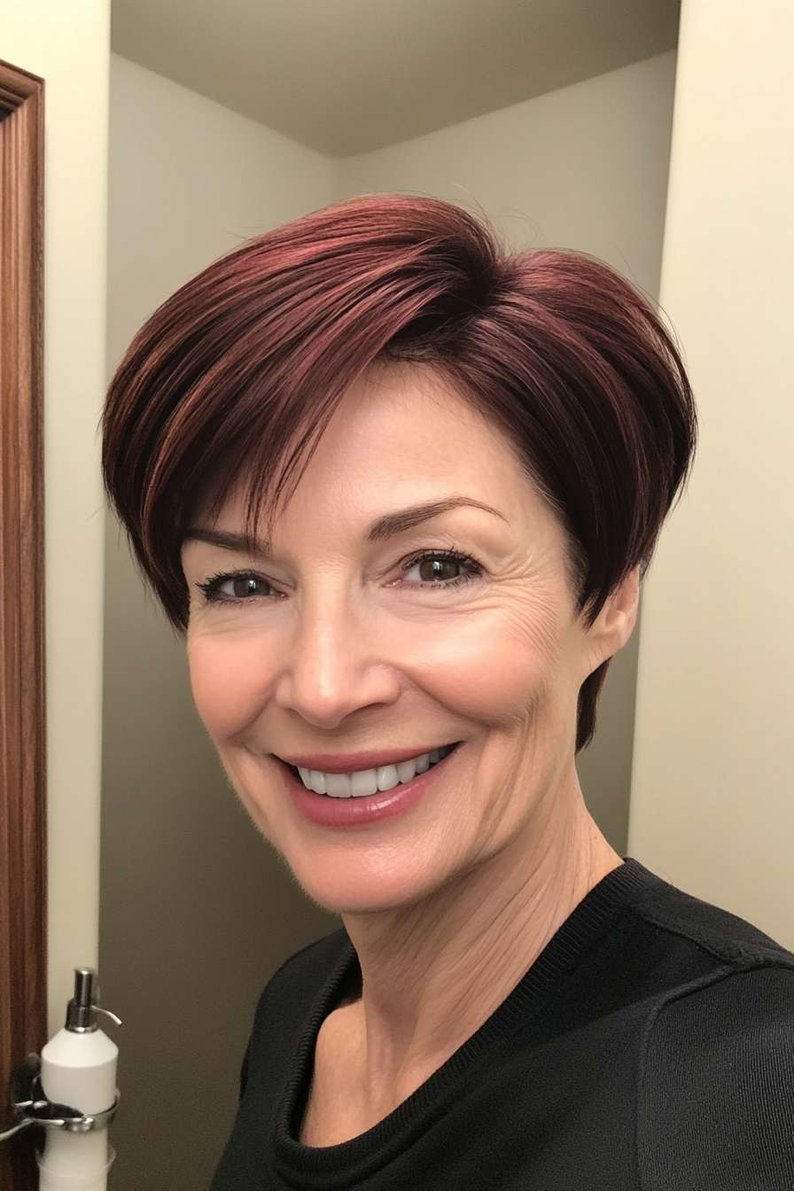 21. Polished Pixie in Deep Mahogany (Pixie Hairstyles For Older Women) - Pixie Hairstyles For Older Women