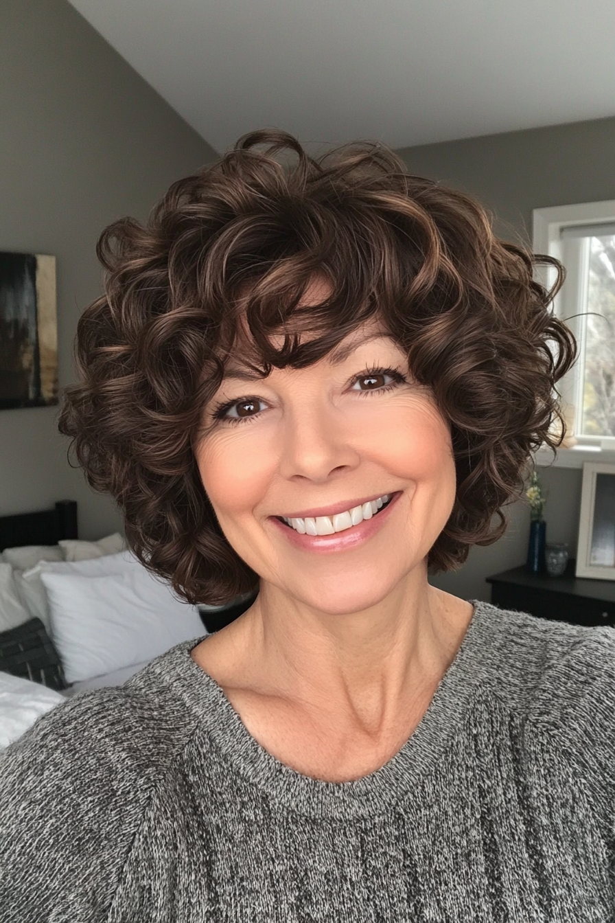 23. Curly Bob in Dark Honey Brown (Short Hairstyles For Older Women With Fine Hair) - Short Hairstyles For Older Women With Fine Hair