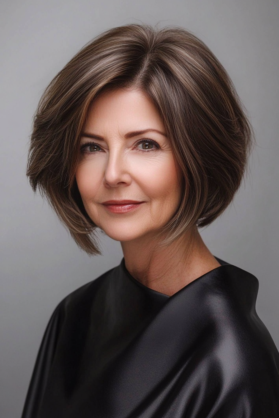 25. Short Stacked Bob in Cocoa Brown (Short Hairstyles For Older Women With Fine Hair) - Short Hairstyles For Older Women With Fine Hair