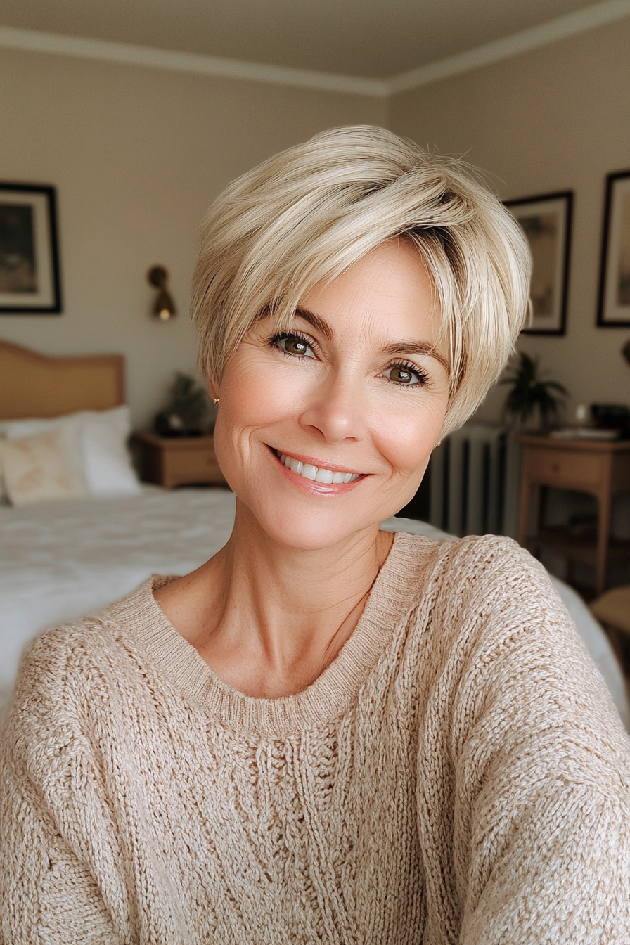 26. Piecey Pixie in Sunlit Blonde (Short Hairstyles For Older Women With Fine Hair) - Short Hairstyles For Older Women With Fine Hair