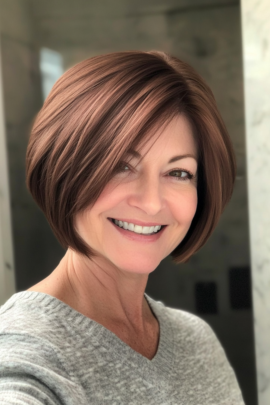 27. Short Bob with Side Part in Chestnut Brown (Short Hairstyles For Older Women With Fine Hair) - Short Hairstyles For Older Women With Fine Hair