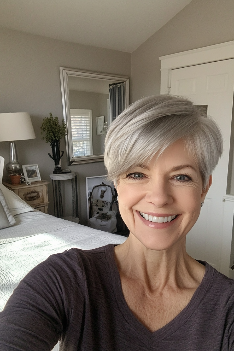 11. Pixie with Side-Swept Bangs in Silver Blonde (Short Hairstyles For Older Women With Fine Hair) - Short Hairstyles For Older Women With Fine Hair