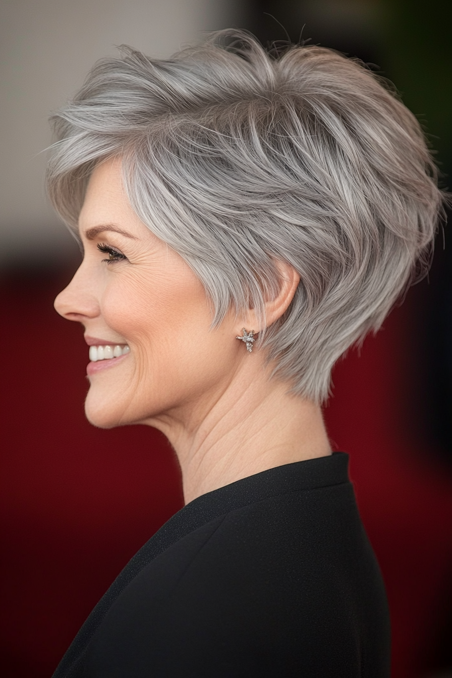 14. Swoopy Layered Pixie in Cool Gray (Short Hairstyles For Older Women With Fine Hair) - Short Hairstyles For Older Women With Fine Hair