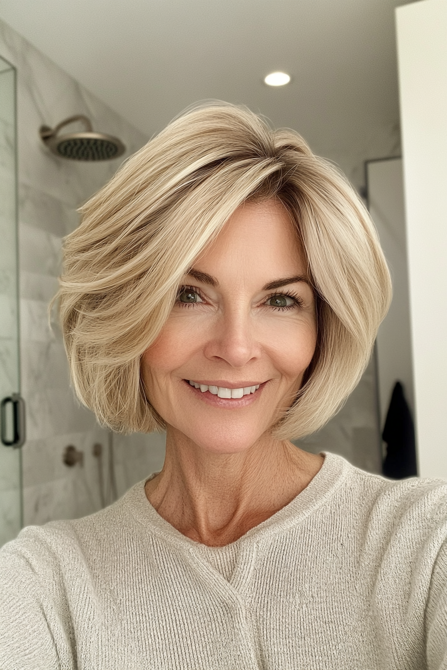 15. Short Feathered Bob in Natural Blonde (Short Hairstyles For Older Women With Fine Hair) - Short Hairstyles For Older Women With Fine Hair