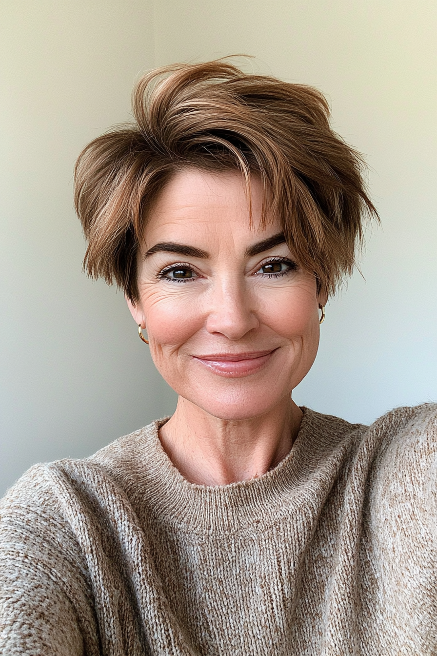 16. Undercut Pixie in Warm Chestnut (Short Hairstyles For Older Women With Fine Hair) - Short Hairstyles For Older Women With Fine Hair