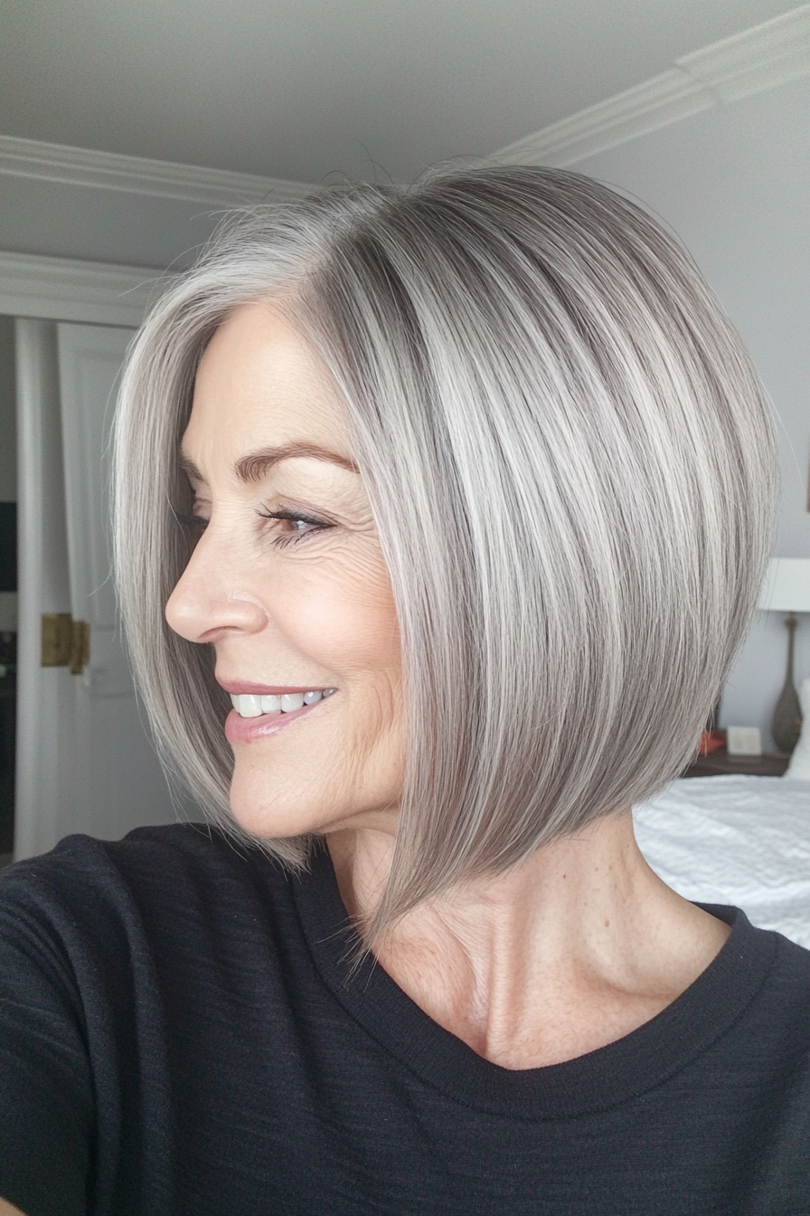 19. Sleek Bob with Wispy Ends in Natural Gray (Short Hairstyles For Older Women With Fine Hair) - Short Hairstyles For Older Women With Fine Hair