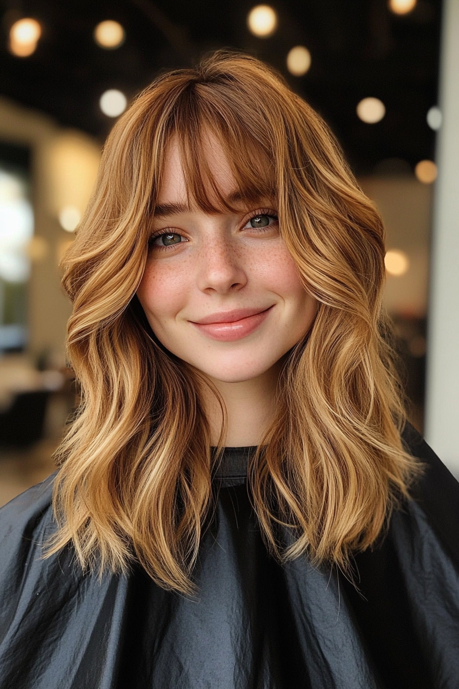 6. Curtain Bangs with Shoulder-Length Waves in Golden Honey (Spring Haircuts) - Spring Haircuts