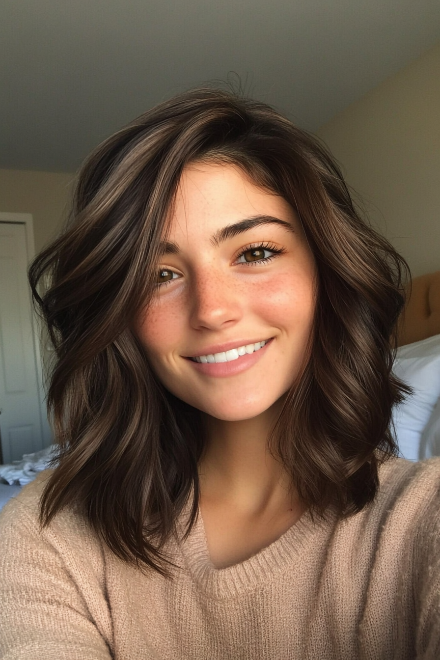 10. Shoulder-Grazing Butterfly Cut in Warm Brunette (Spring Haircuts) - Spring Haircuts