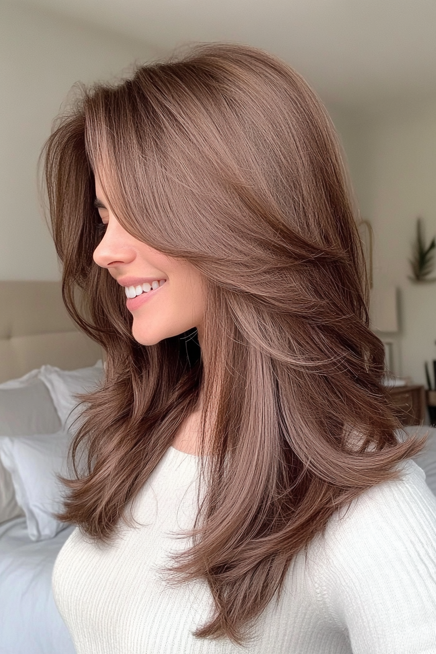 14. Long Curtain Layers in Chestnut Brown (Spring Haircuts) - Spring Haircuts