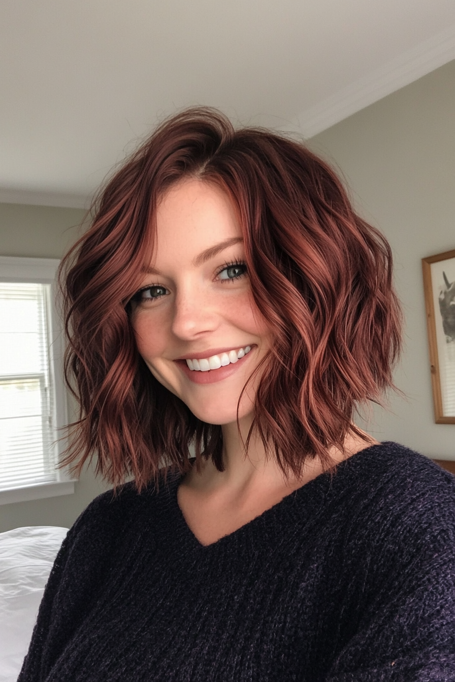 18. Messy Wavy Bob in Deep Mahogany (Spring Haircuts) - Spring Haircuts