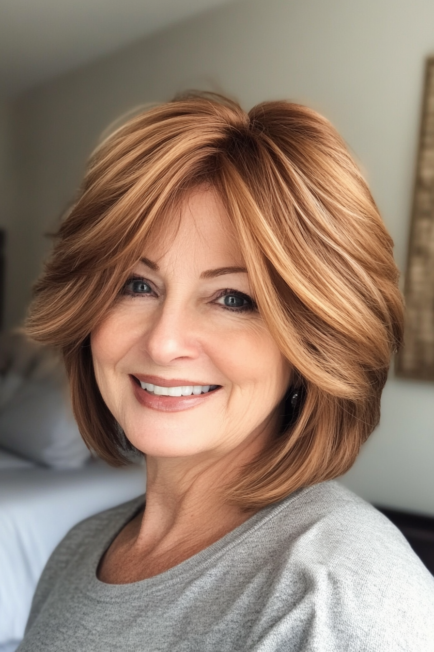 2. Layered Bob with Feathered Ends in Warm Chestnut (Bob Hairstyles For Women Over 60) - Bob Hairstyles For Women Over 60