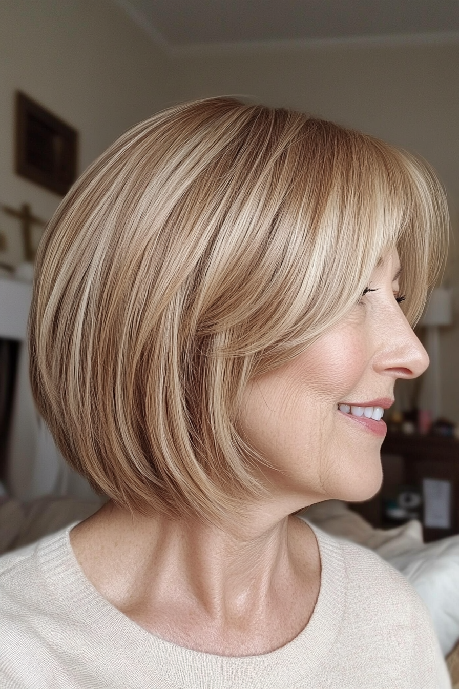 6. Neck-Length Bob with Soft Bangs in Warm Honey Blonde (Bob Hairstyles For Women Over 60) - Bob Hairstyles For Women Over 60