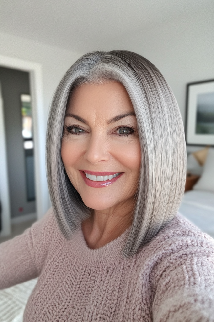 7. Sleek Straight Bob in Salt and Pepper Blend (Bob Hairstyles For Women Over 60) - Bob Hairstyles For Women Over 60