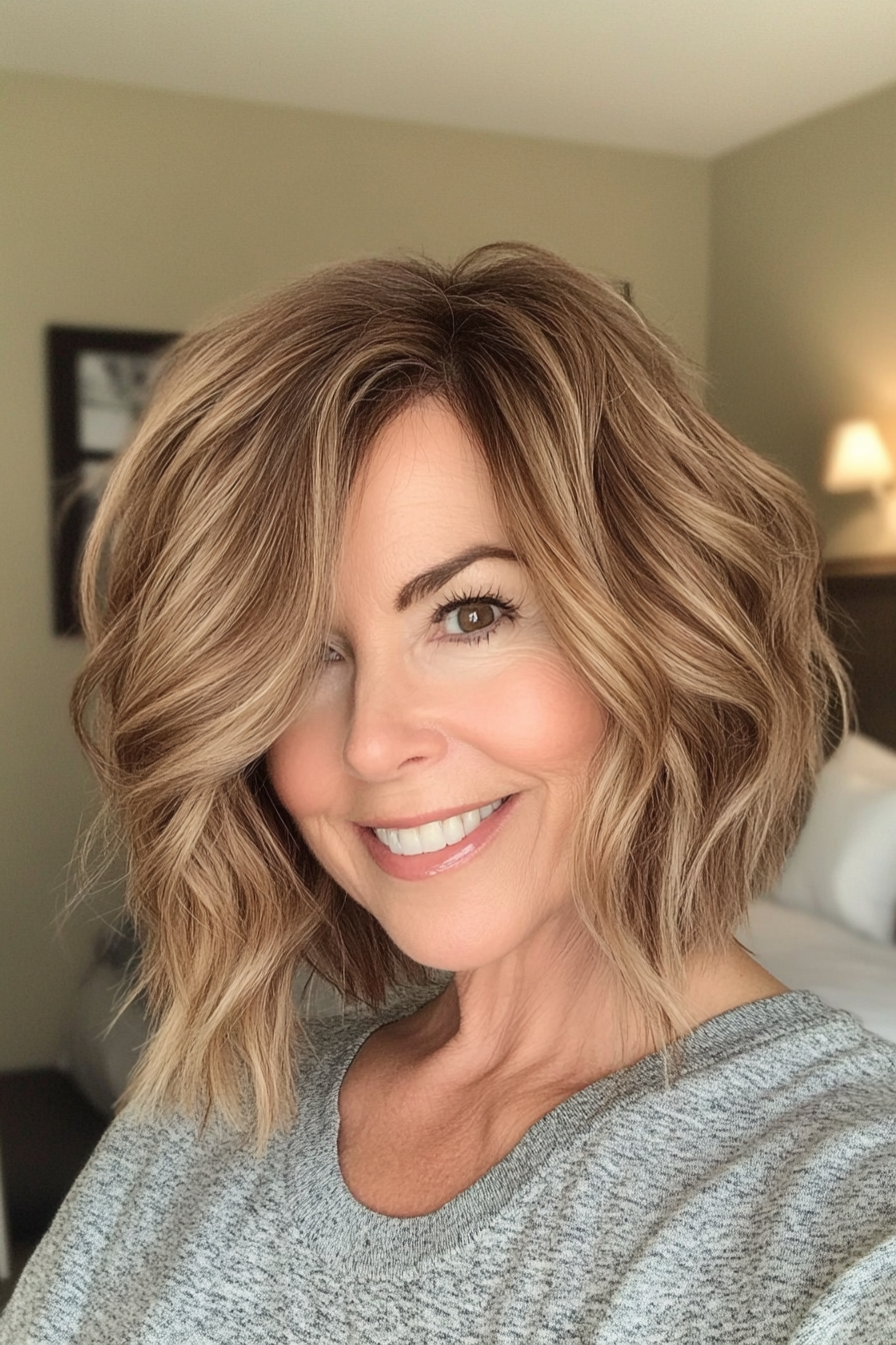 9. Wavy Bob with Side Part in Soft Caramel Brown (Bob Hairstyles For Women Over 60) - Bob Hairstyles For Women Over 60