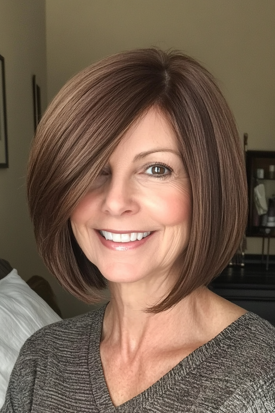 12. Tapered Bob with Side Bangs in Rich Mocha Brown (Bob Hairstyles For Women Over 60) - Bob Hairstyles For Women Over 60