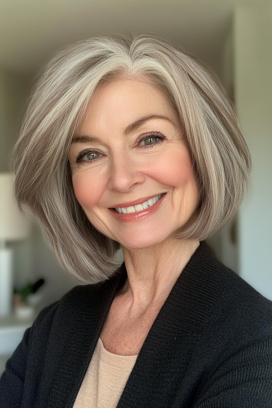 16. Feathered Bob with Crown Volume in Soft Ash Brown (Bob Hairstyles For Women Over 60) - Bob Hairstyles For Women Over 60