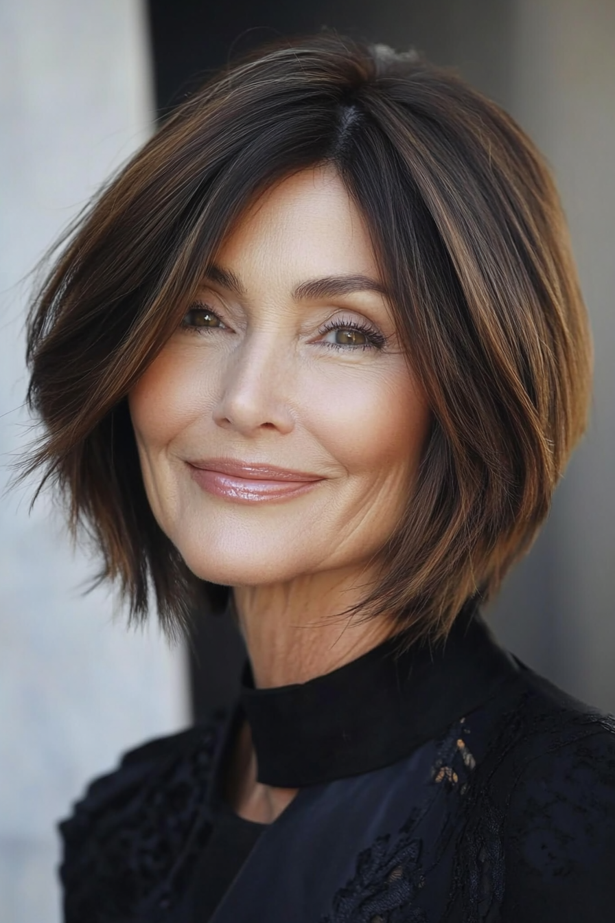 20. Stacked Bob with Side-Swept Fringe in Soft Cocoa Brown (Bob Hairstyles For Women Over 60) - Bob Hairstyles For Women Over 60