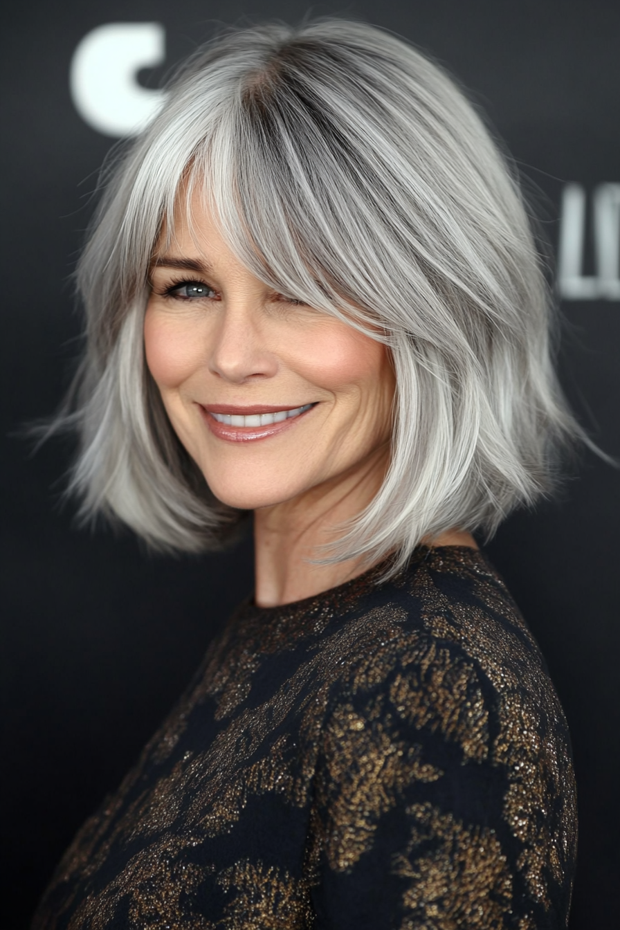 26. Bob with Curtain Bangs in Ash Brown with Silver Streaks (Bob Hairstyles For Women Over 60) - Bob Hairstyles For Women Over 60