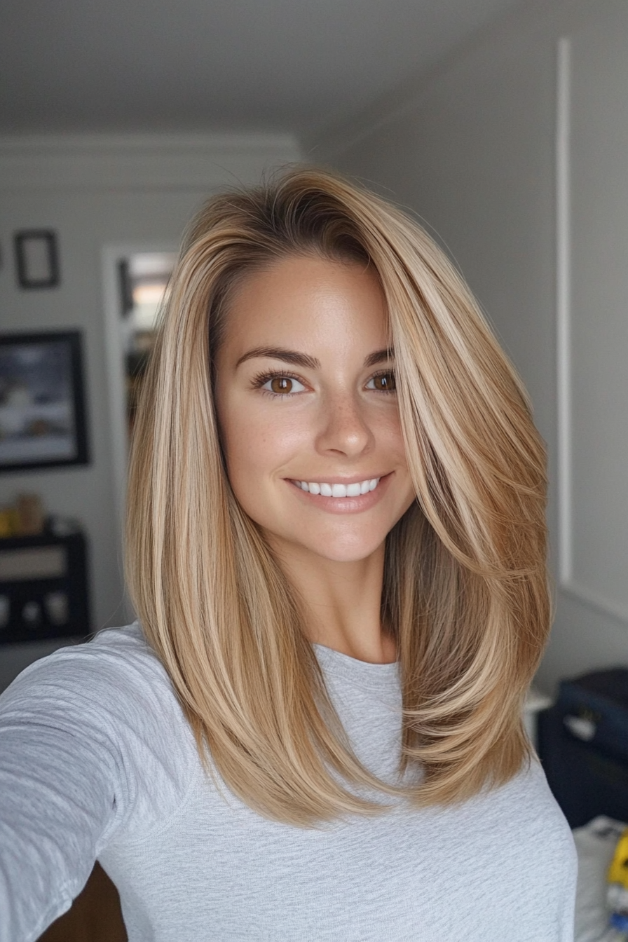 7. Caramel Blonde Feathered Lob (70S Haircuts For Women) - 70S Haircuts For Women