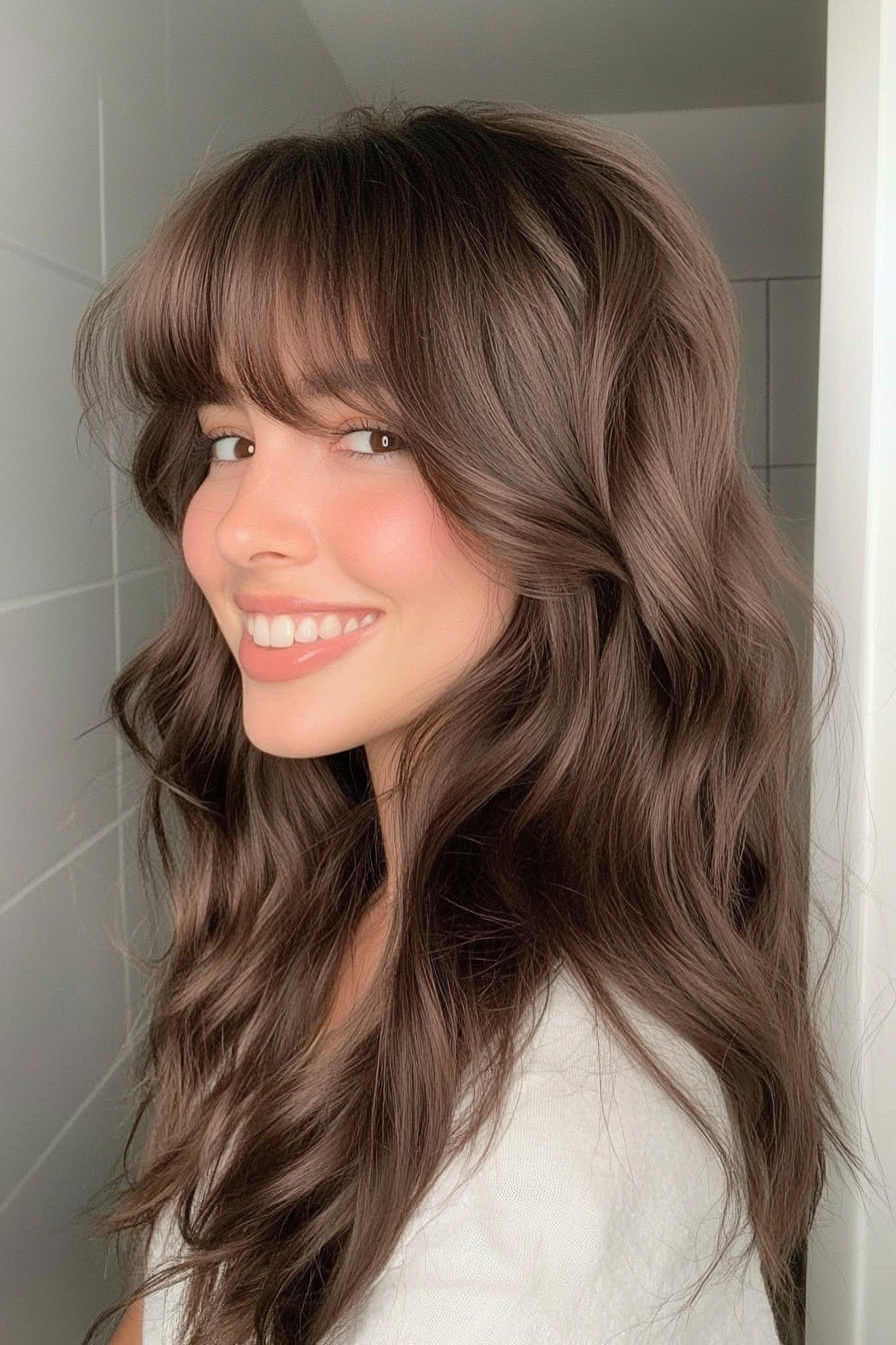 19. Soft Espresso Waves with Bangs (70S Haircuts For Women) - 70S Haircuts For Women