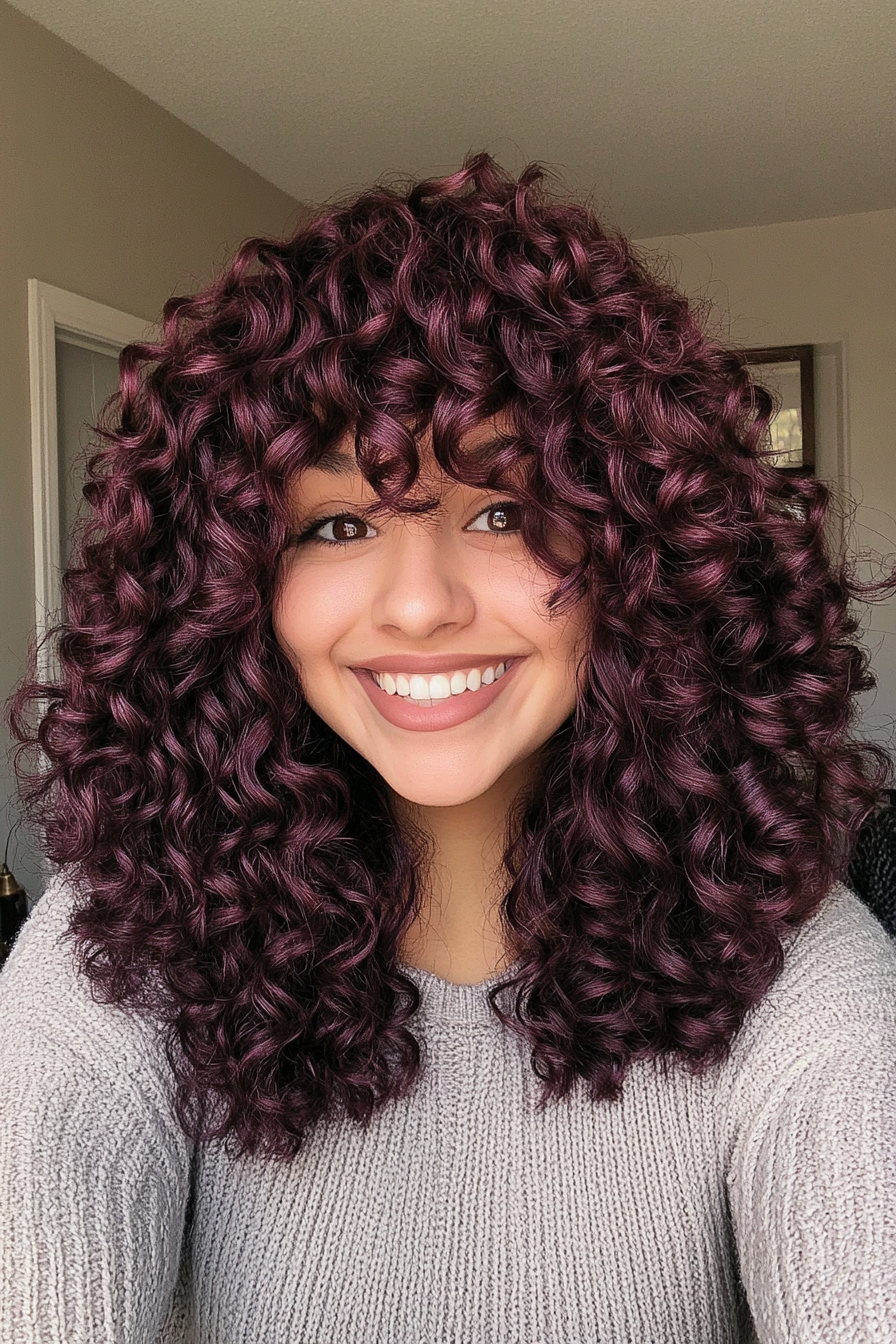 24. Deep Burgundy Voluminous Curls (70S Haircuts For Women) - 70S Haircuts For Women