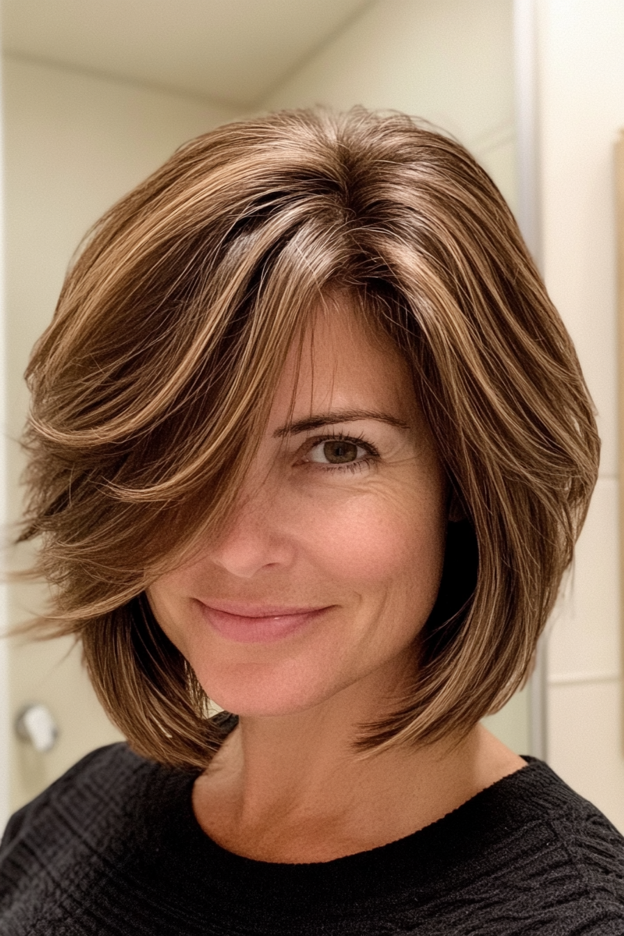 1. Feathered Bob in Chestnut Brown (Hairstyles For Women Over 40 With Fine Hair) - Hairstyles For Women Over 40 With Fine Hair