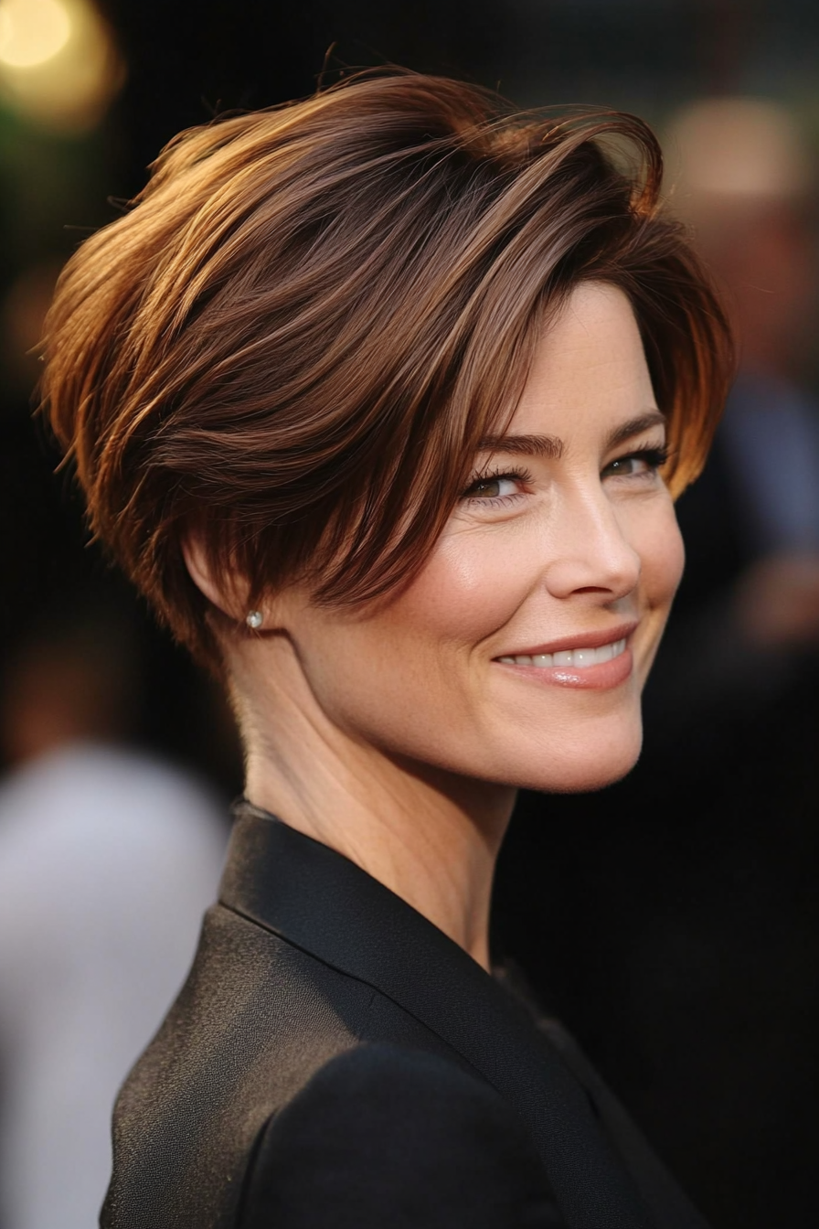 7. Side-Swept Pixie in Caramel Brown (Hairstyles For Women Over 40 With Fine Hair) - Hairstyles For Women Over 40 With Fine Hair