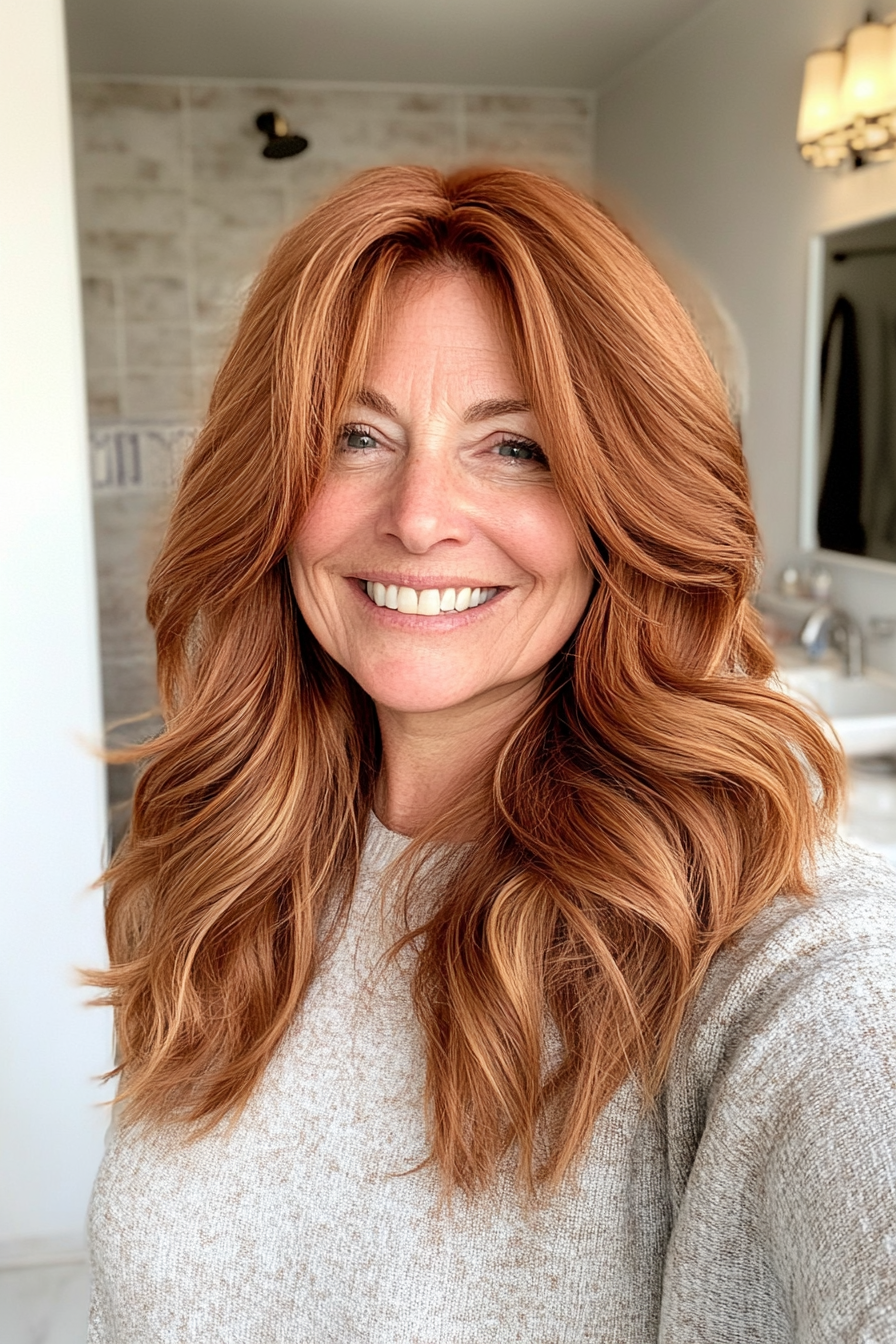 10. Wavy Shoulder-Length Layers in Warm Auburn (Hairstyles For Women Over 40 With Fine Hair) - Hairstyles For Women Over 40 With Fine Hair
