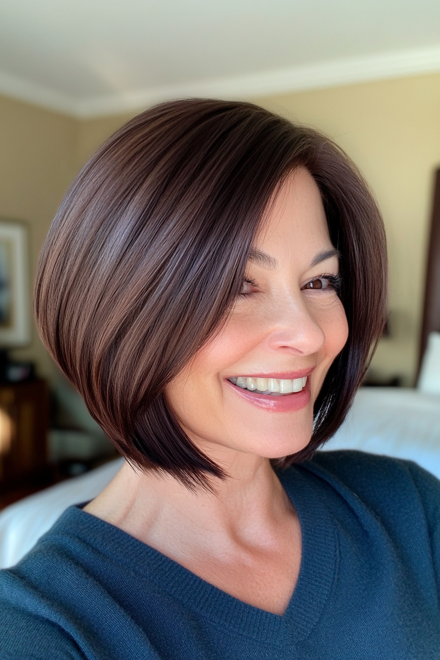 14. Classic Chin-Length Bob in Dark Mahogany (Hairstyles For Women Over 40 With Fine Hair) - Hairstyles For Women Over 40 With Fine Hair