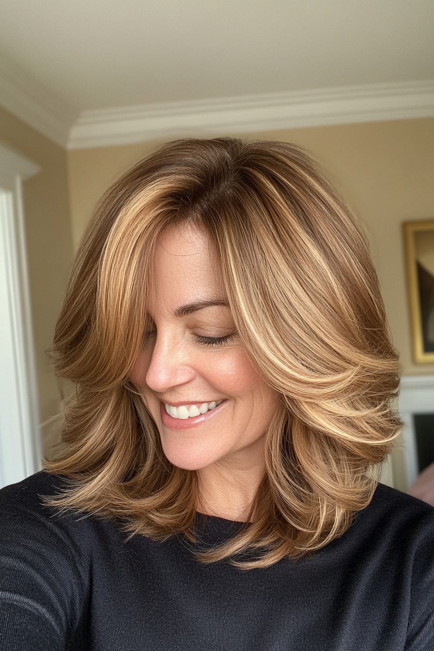 15. Tousled Mid-Length Cut in Warm Honey Brown (Hairstyles For Women Over 40 With Fine Hair) - Hairstyles For Women Over 40 With Fine Hair