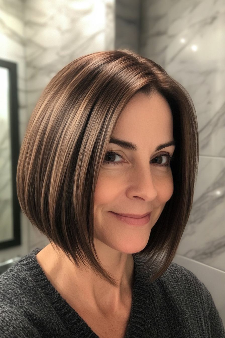 16. Sleek Layered Bob in Natural Brunette (Hairstyles For Women Over 40 With Fine Hair) - Hairstyles For Women Over 40 With Fine Hair