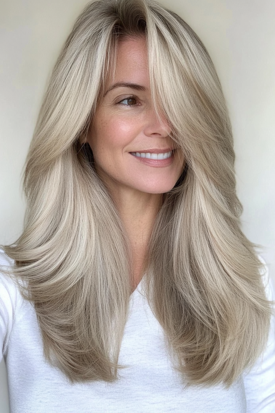 17. Long Feathered Layers in Ash Blonde (Hairstyles For Women Over 40 With Fine Hair) - Hairstyles For Women Over 40 With Fine Hair