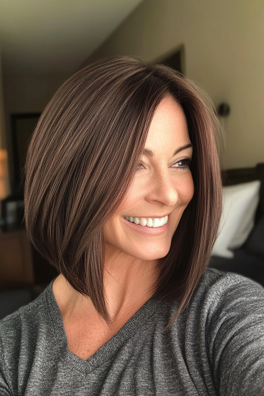 20. Angled Lob in Warm Espresso (Hairstyles For Women Over 40 With Fine Hair) - Hairstyles For Women Over 40 With Fine Hair